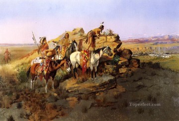 Observando a los colonos 1895 Charles Marion Russell Indios americanos Pinturas al óleo